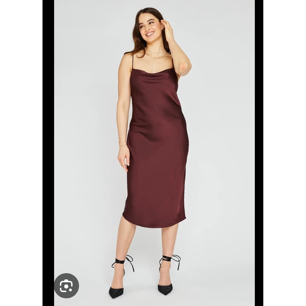 Gentle Fawn Burgundy Satin Slip Midi‎ Dress Spaghetti Strap Elegant Evening